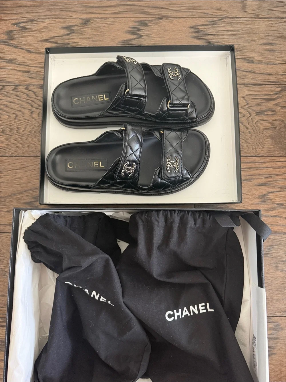 CHANEL Black Quilted Leather Double-Strap Slide Sandals